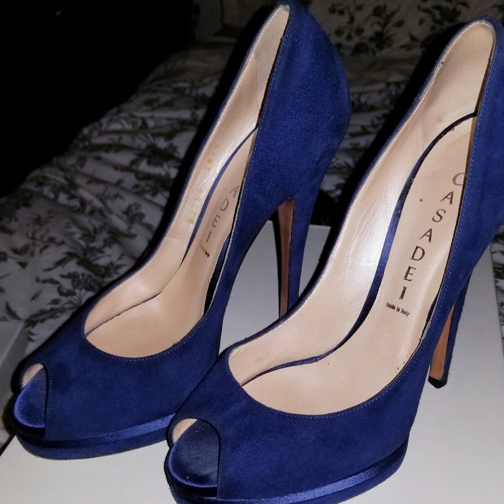 Casadei Blue Suede Platform Peekaboo Pumps - Picture 2 of 7